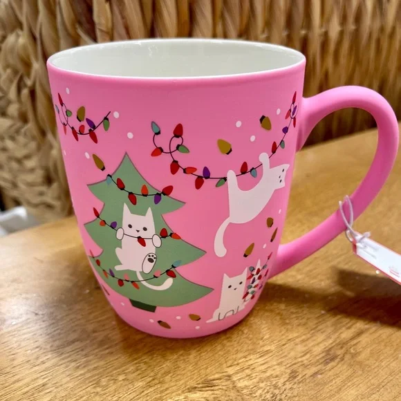 Holiday Pink Christmas Trees Wwhite Cats Lights Wgold